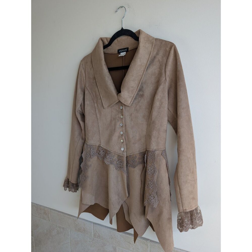 Venus Women M Faux Suede Lace Trim Tunic Jacket Lagenlook Boho Beige Fairycore - Picture 4 of 9